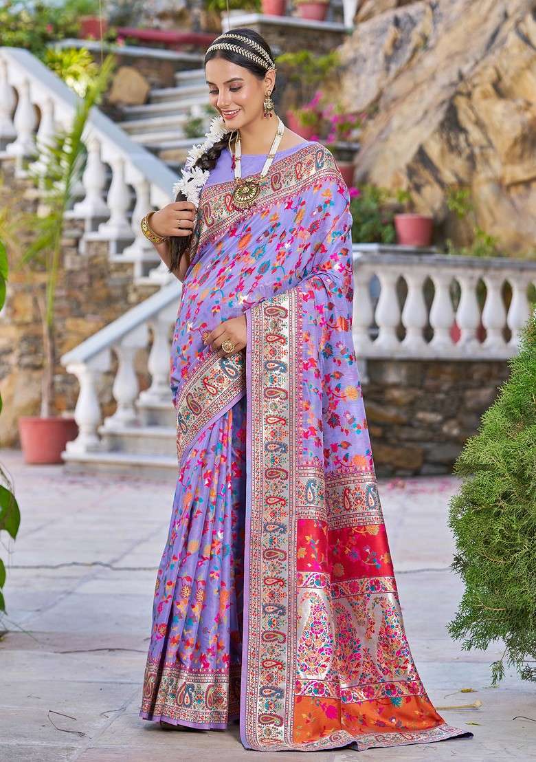 Purple Zari Woven Banarasi Blend Cotton Saree Set with Thread Work for Diwali | Wedding & Festive Wear - Indya