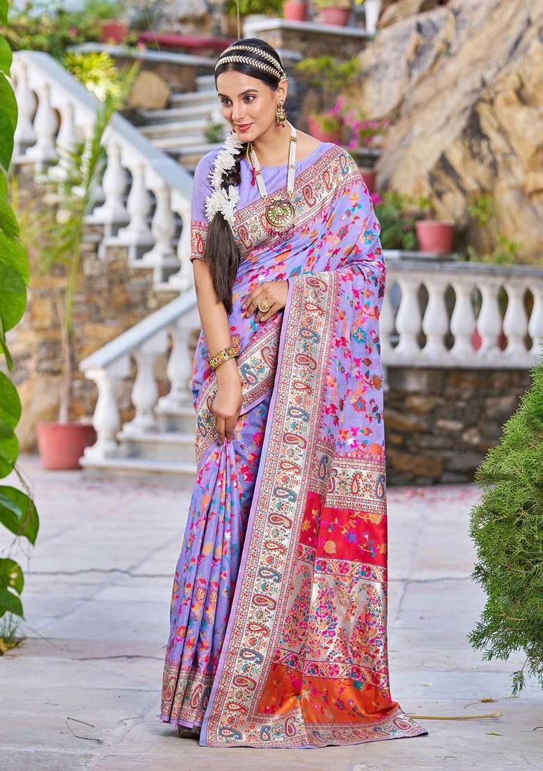 Purple Zari Woven Banarasi Blend Cotton Saree Set with Thread Work for Diwali | Wedding & Festive Wear - Indya