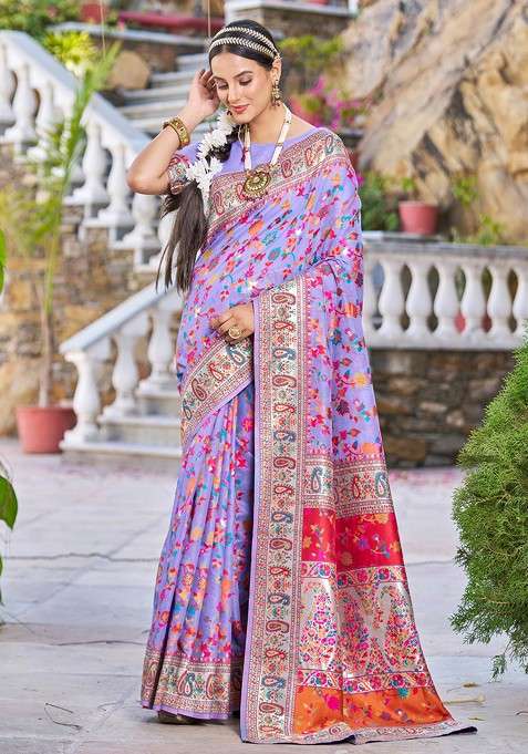 Purple Zari Woven Banarasi Blend Cotton Saree Set with Thread Work for Diwali | Wedding & Festive Wear