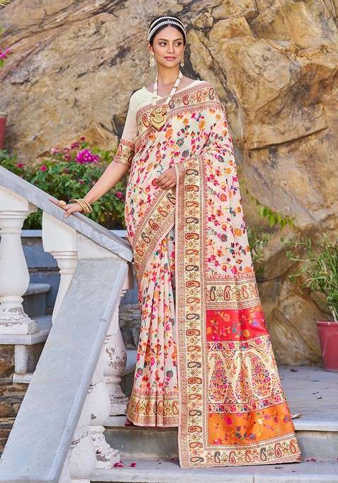 White Zari Woven Thread Work Banarasi Cotton Blend Saree Set for Diwali and Festive Wear
