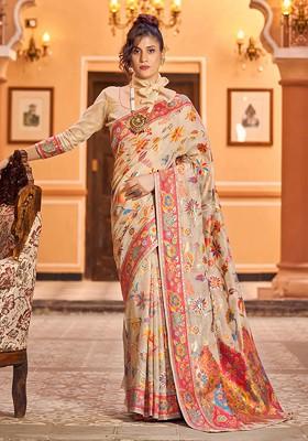 Cream Woven Thread Work Banarasi Cotton Blend Saree Set