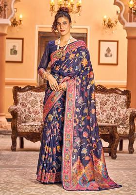 Navy Blue Zari Woven Thread Work Banarasi Cotton Blend Saree Set