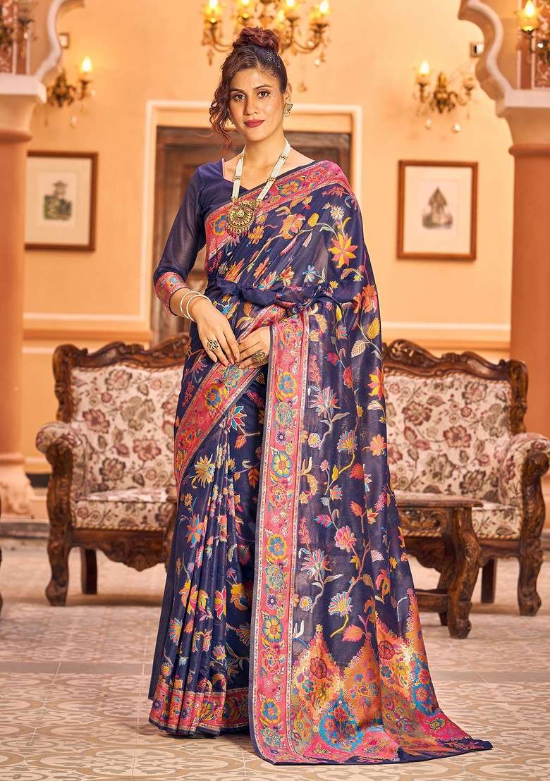 Navy Blue Zari Woven Thread Work Banarasi Cotton Blend Saree Set - Indya