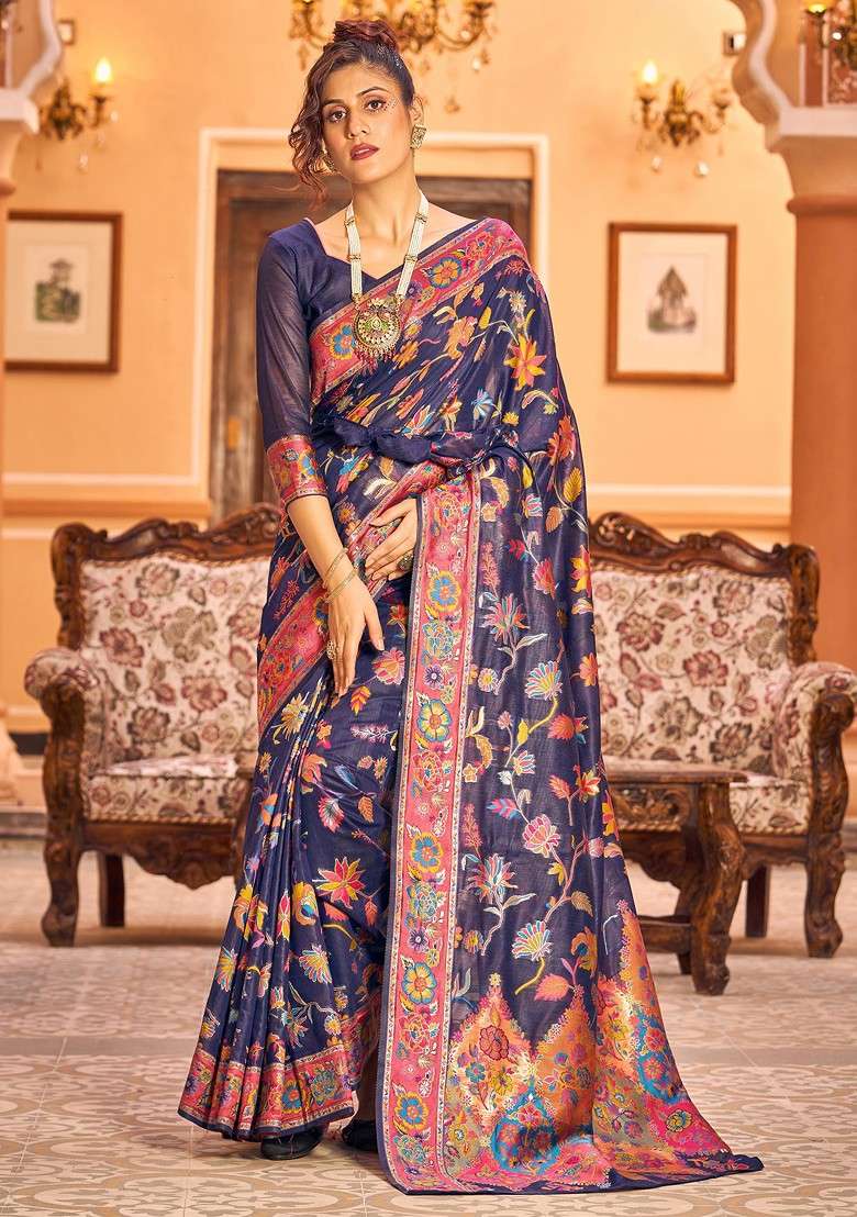 Navy Blue Zari Woven Thread Work Banarasi Cotton Blend Saree Set - Indya