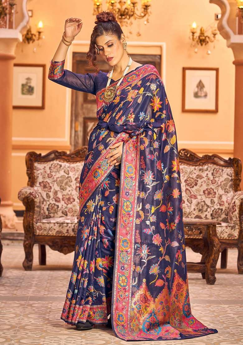 Navy Blue Zari Woven Thread Work Banarasi Cotton Blend Saree Set - Indya