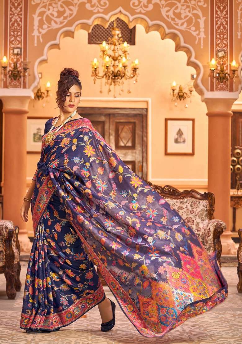 Navy Blue Zari Woven Thread Work Banarasi Cotton Blend Saree Set - Indya