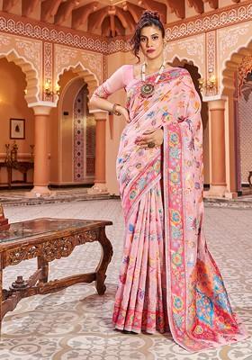 Peach Woven Thread Work Banarasi Cotton Blend Saree Set
