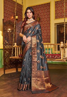 Grey Zari Woven Banarasi Silk Blend Saree Set