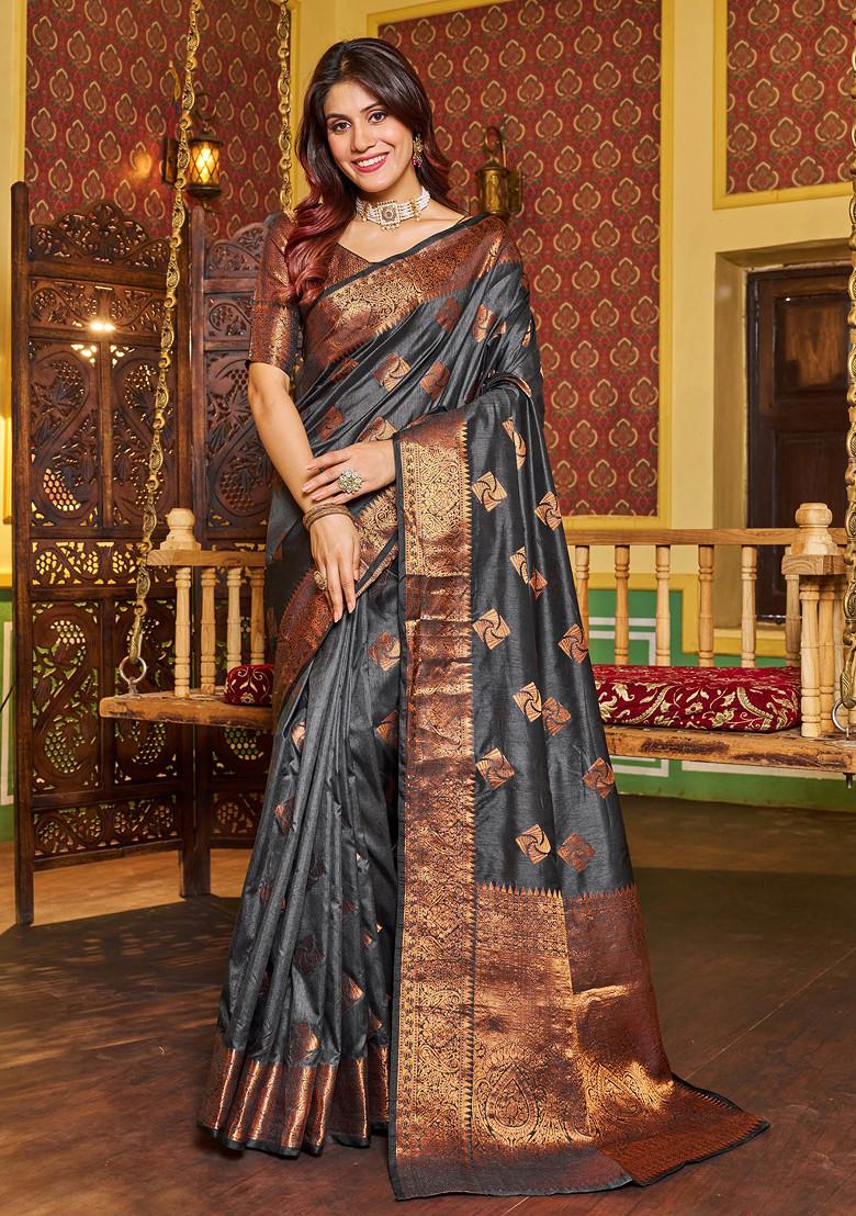 Grey Zari Woven Banarasi Silk Blend Saree Set