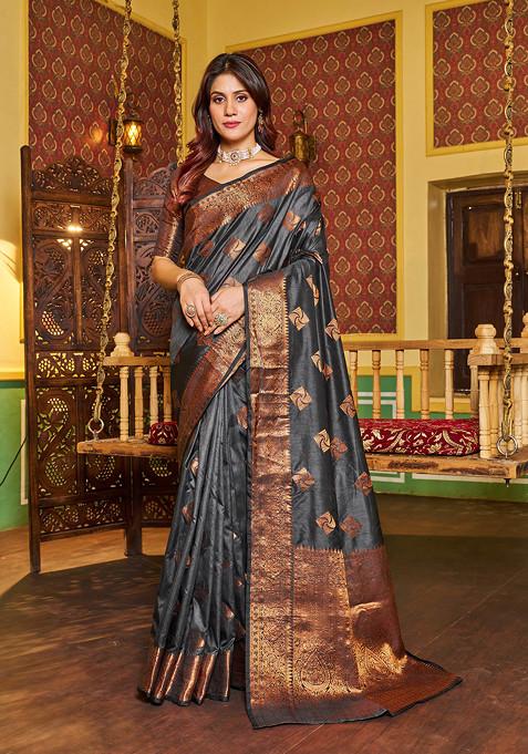 Grey Zari Woven Banarasi Silk Blend Saree Set