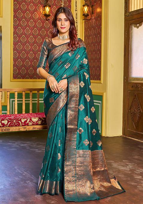 Teal Zari Woven Banarasi Silk Blend Saree Set