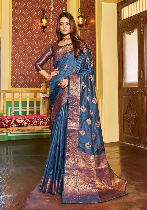 Navy Blue Zari Woven Banarasi Silk Blend Saree Set