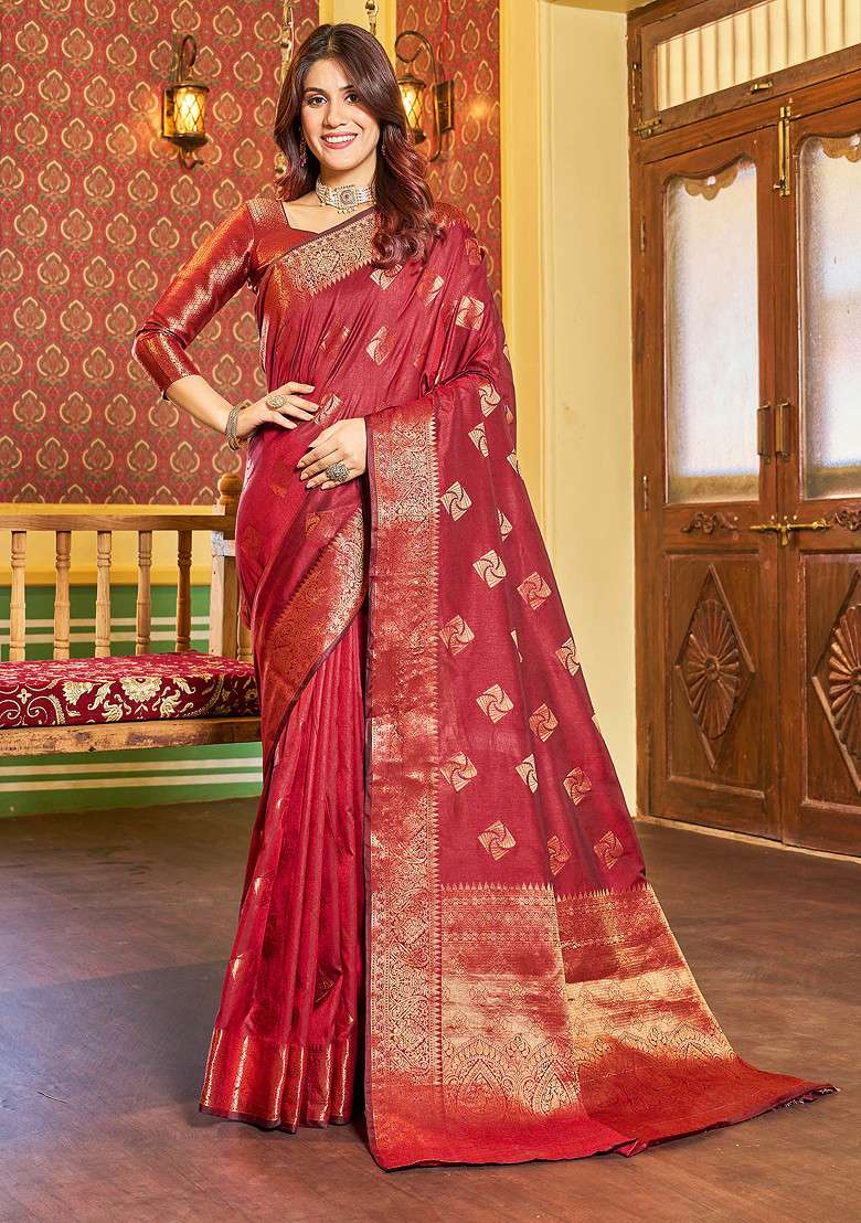 Red Zari Woven Work Banarasi Silk Blend Saree Set - Indya