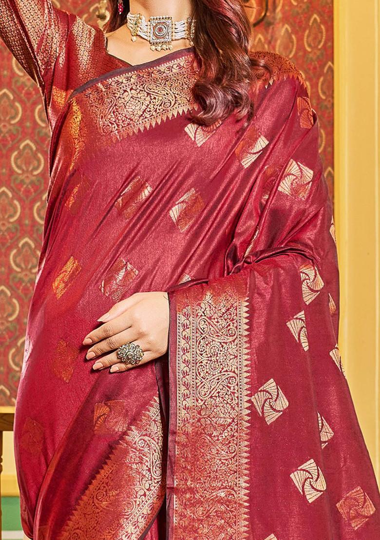 Red Zari Woven Work Banarasi Silk Blend Saree Set