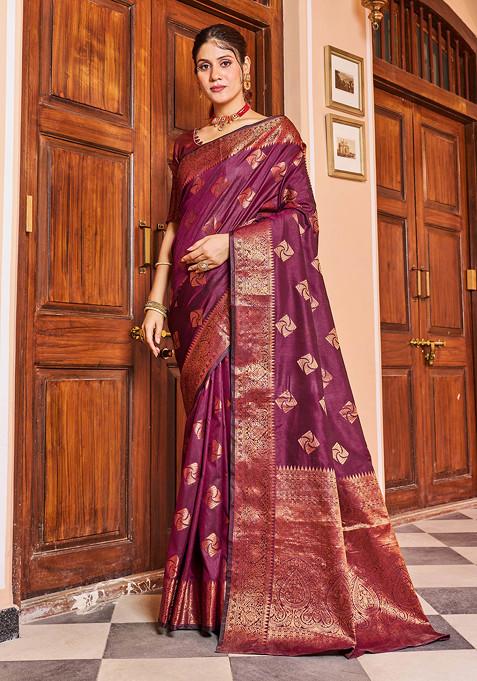 Wine Zari Woven Banarasi Silk Blend Saree Set