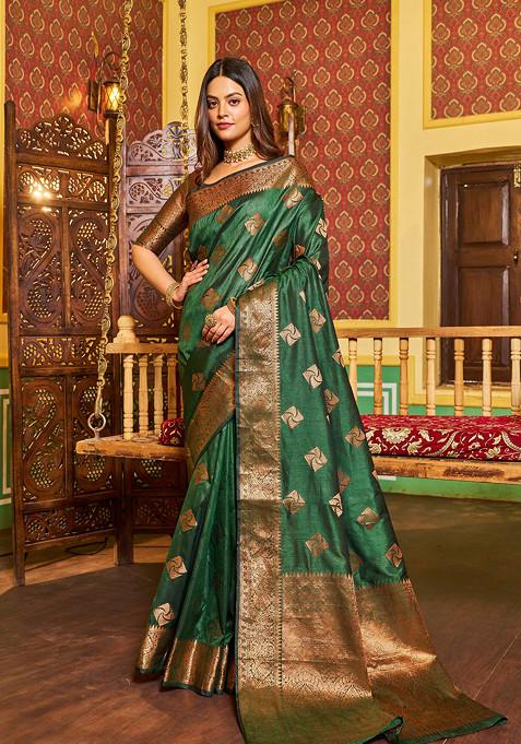 Green Zari Woven Work Banarasi Silk Blend Saree Set