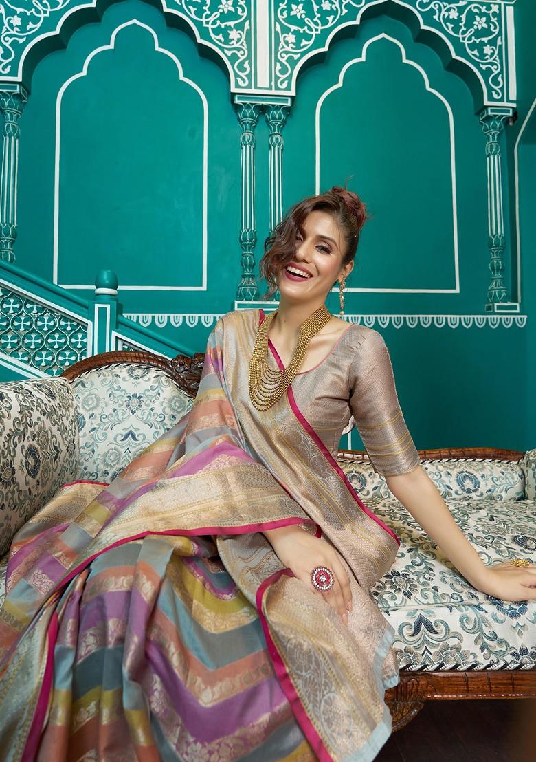 Grey Zari Woven Work Banarasi Silk Blend Saree Set