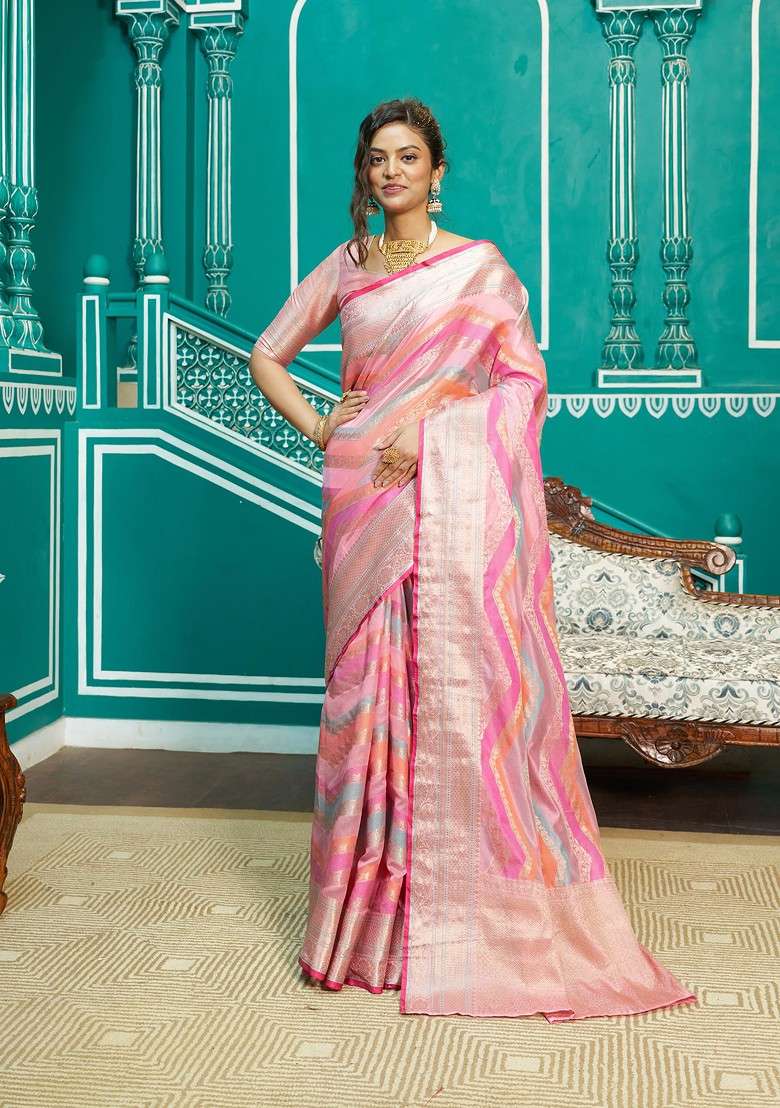 Light Multicolour Zari Woven Blend Banarasi Silk Saree Set for Diwali | Wedding & Festive Wear - Indya