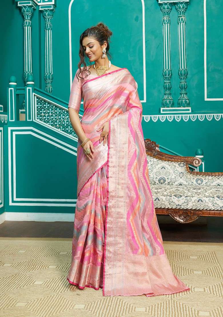 Light Multicolour Zari Woven Blend Banarasi Silk Saree Set for Diwali | Wedding & Festive Wear - Indya