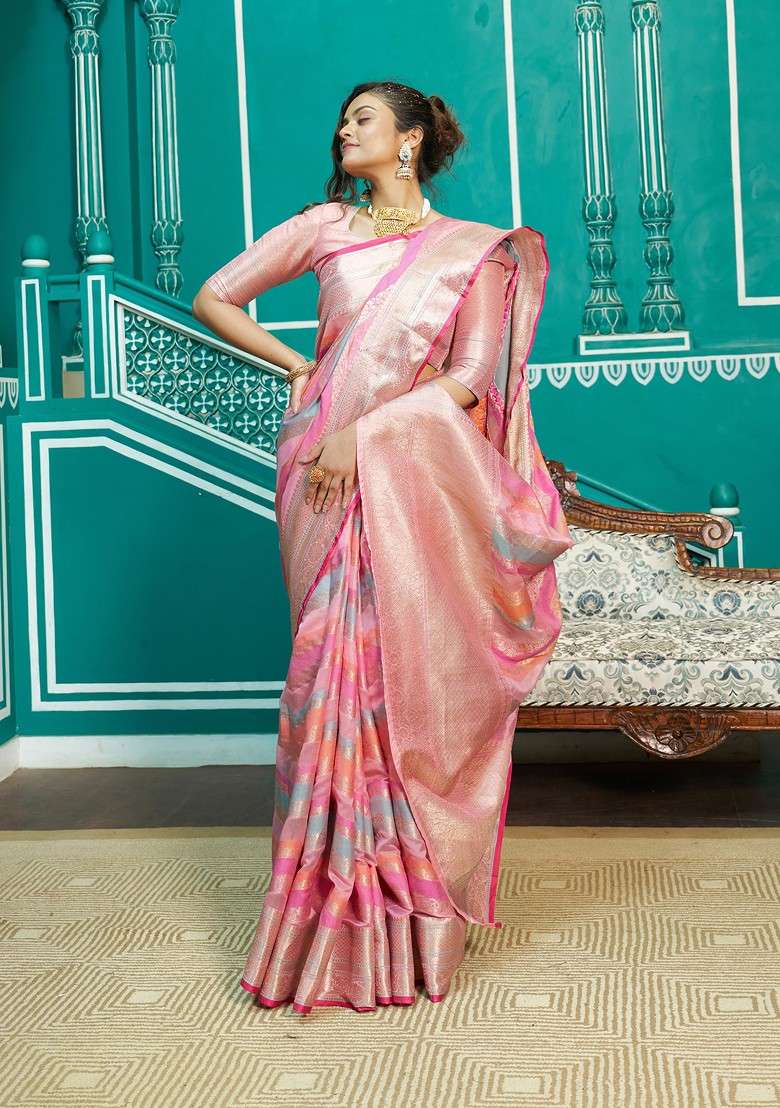 Light Multicolour Zari Woven Blend Banarasi Silk Saree Set for Diwali | Wedding & Festive Wear - Indya