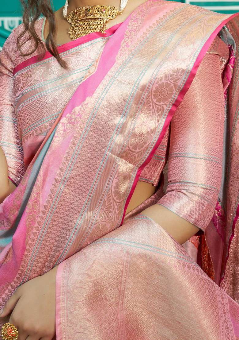 Light Multicolour Zari Woven Blend Banarasi Silk Saree Set for Diwali | Wedding & Festive Wear - Indya