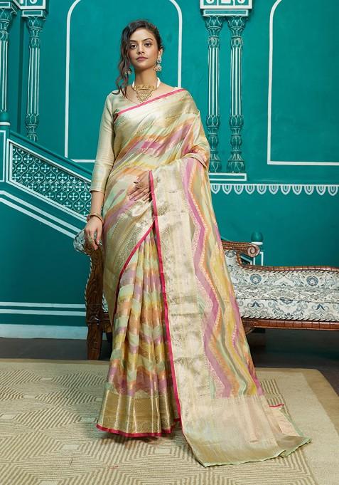 Pista Green Zari Woven Banarasi Silk Blend Saree Set