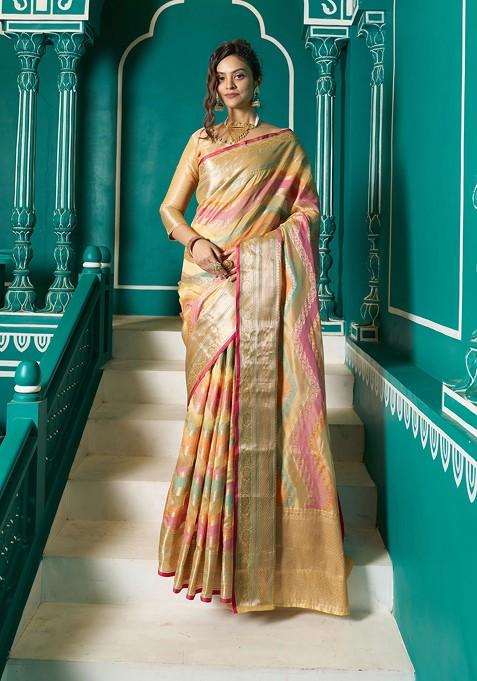 Yellow Zari Woven Banarasi Silk Blend Saree Set