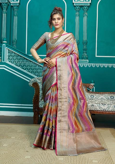 Dark Multicolour Zari Woven Banarasi Silk Blend Saree Set