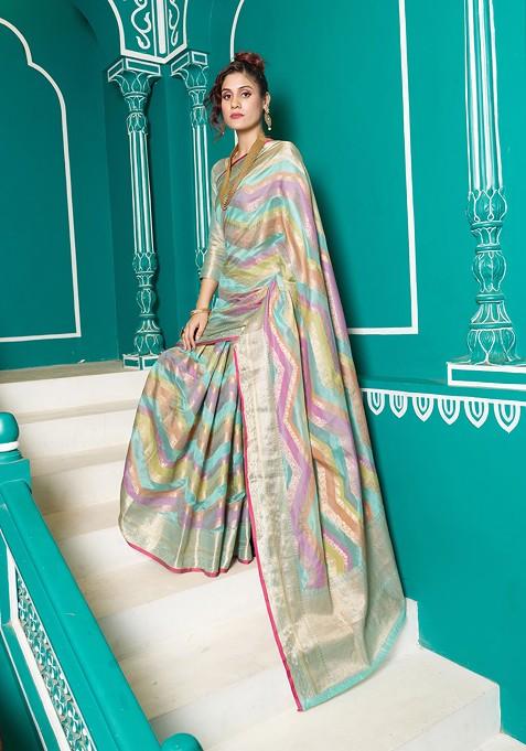 Sky Blue Zari Woven Banarasi Silk Blend Saree Set