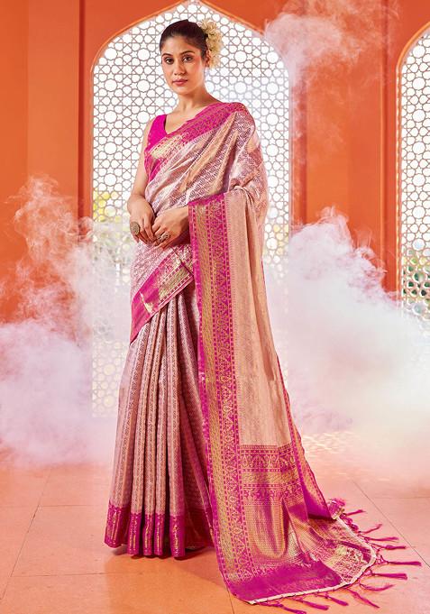 Pink Woven Work Banarasi Silk Blend Saree Set