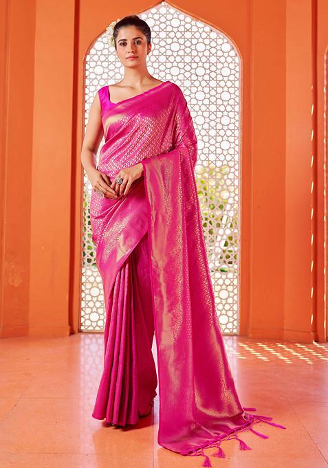 Pink Zari Woven Banarasi Silk Blend Saree Set