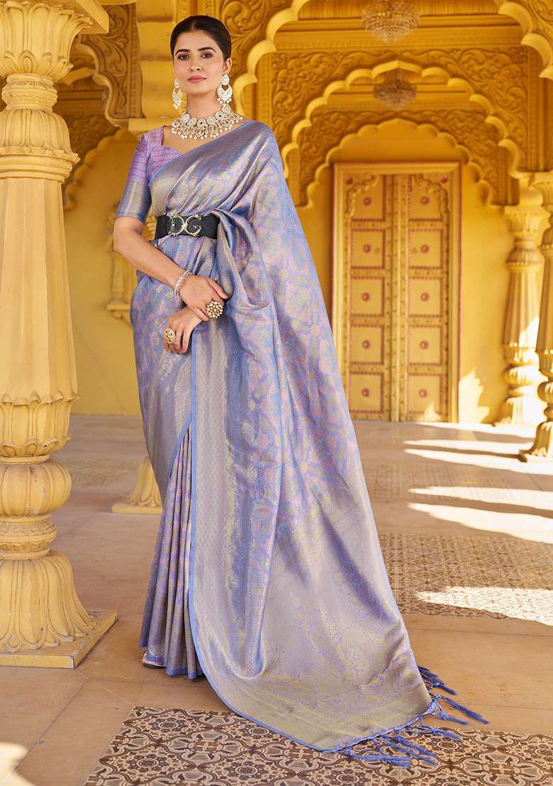 Purple Zari Woven Work Banarasi Silk Blend Saree Set for Diwali and Festive Wear - Indya