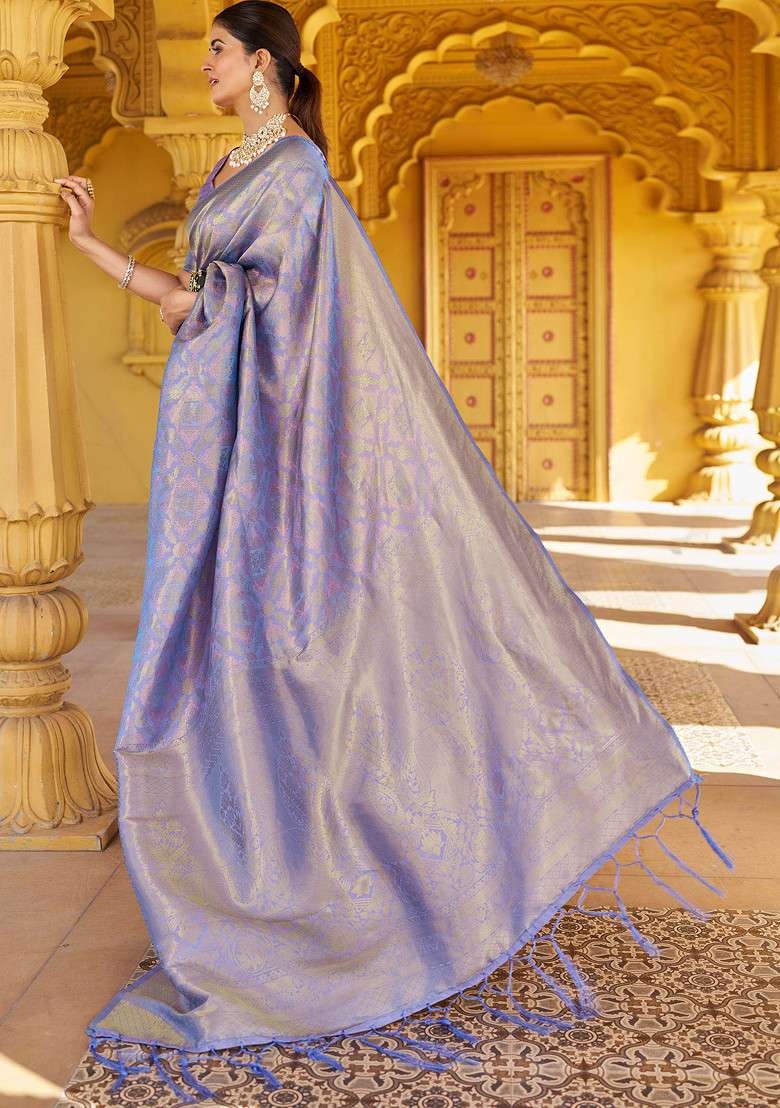 Purple Zari Woven Work Banarasi Silk Blend Saree Set for Diwali and Festive Wear - Indya