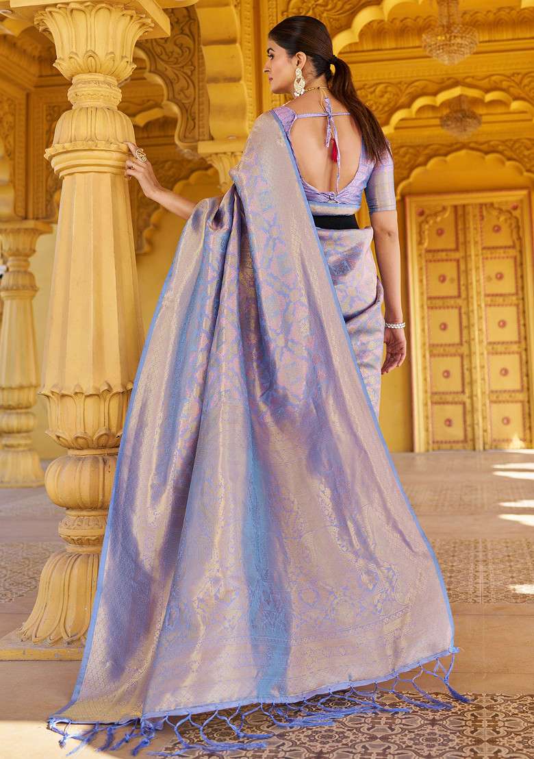 Purple Zari Woven Work Banarasi Silk Blend Saree Set for Diwali and Festive Wear - Indya