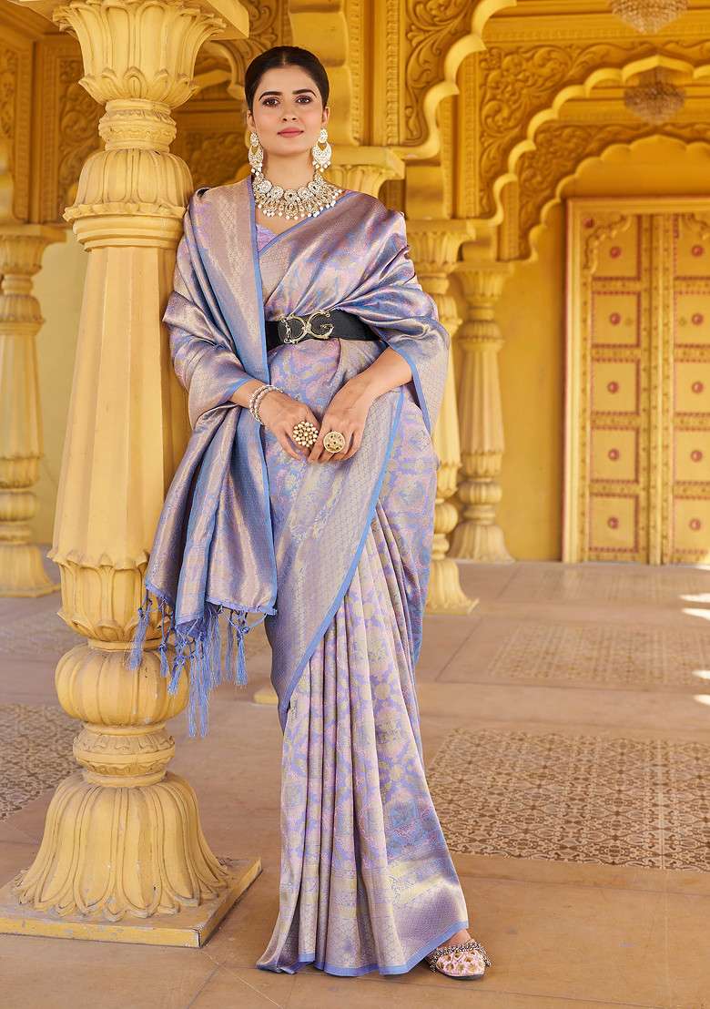 Purple Zari Woven Work Banarasi Silk Blend Saree Set for Diwali and Festive Wear - Indya