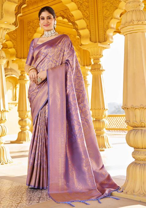 Wine Woven Work Banarasi Silk Blend Saree Set