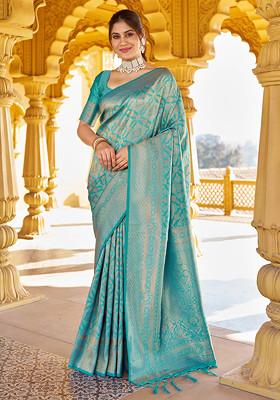 Teal Zari Woven Work Banarasi Silk Blend Saree Set