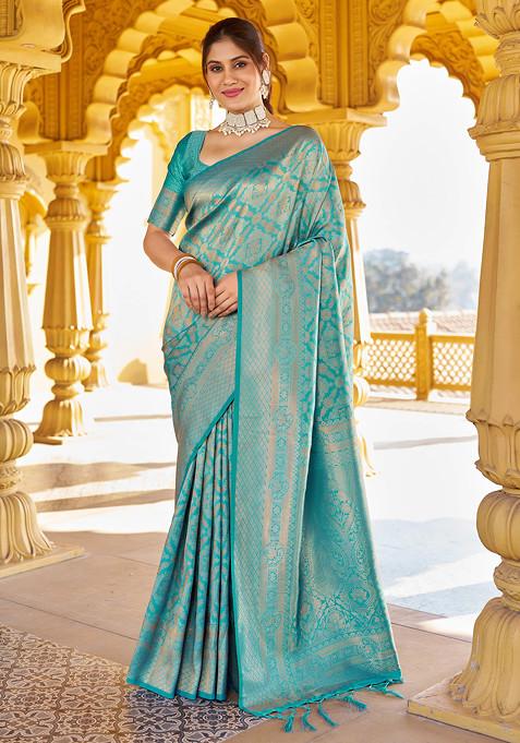 Teal Zari Woven Work Banarasi Silk Blend Saree Set