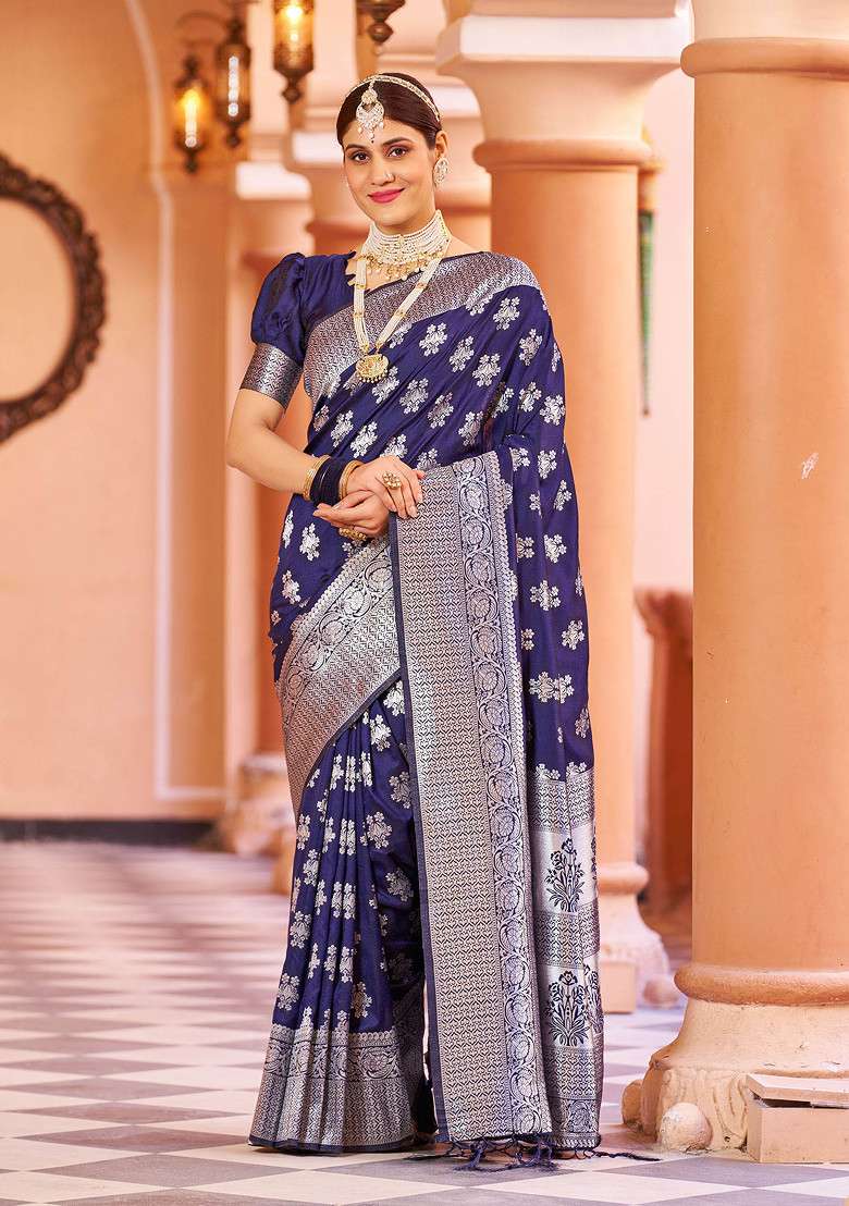 Blue Zari Woven Blend Banarasi Silk Saree Set for Diwali | Wedding & Festive Wear - Indya