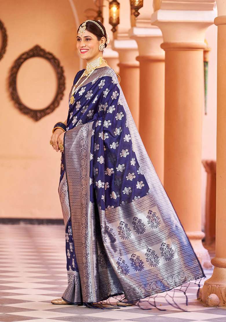 Blue Zari Woven Blend Banarasi Silk Saree Set for Diwali | Wedding & Festive Wear - Indya
