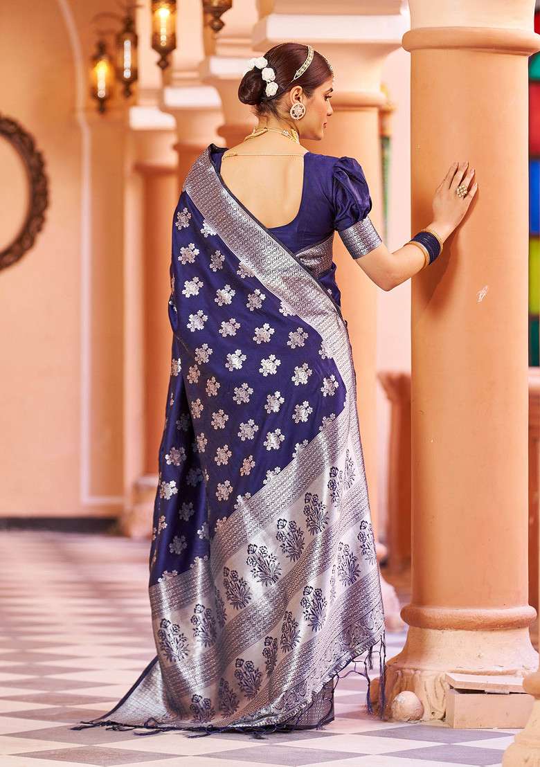 Blue Zari Woven Blend Banarasi Silk Saree Set for Diwali | Wedding & Festive Wear - Indya
