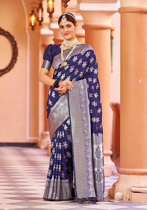 Blue Zari Woven Banarasi Silk Blend Saree Set