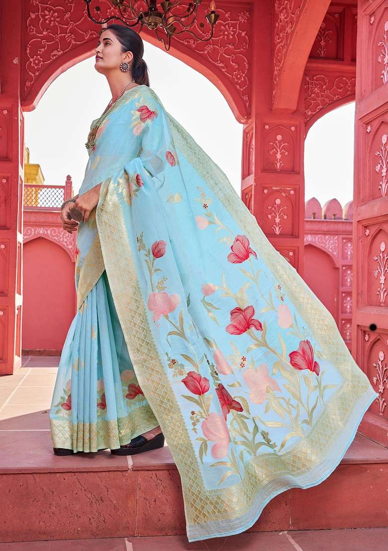 Blue Zari Woven Work Banarasi Cotton Blend Saree Set for Diwali and Festive Wear - Indya