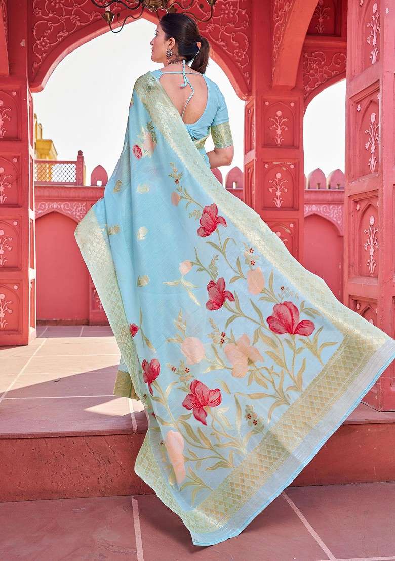 Blue Zari Woven Work Banarasi Cotton Blend Saree Set for Diwali and Festive Wear - Indya