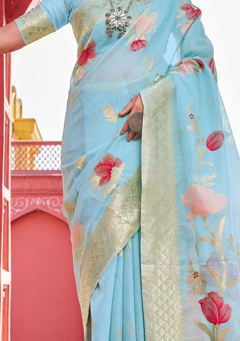 Blue Zari Woven Work Banarasi Cotton Blend Saree Set for Diwali and Festive Wear - Indya