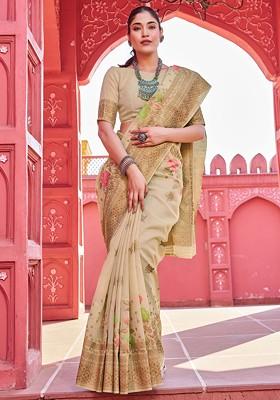 Cream Zari Woven Work Banarasi Cotton Blend Saree Set