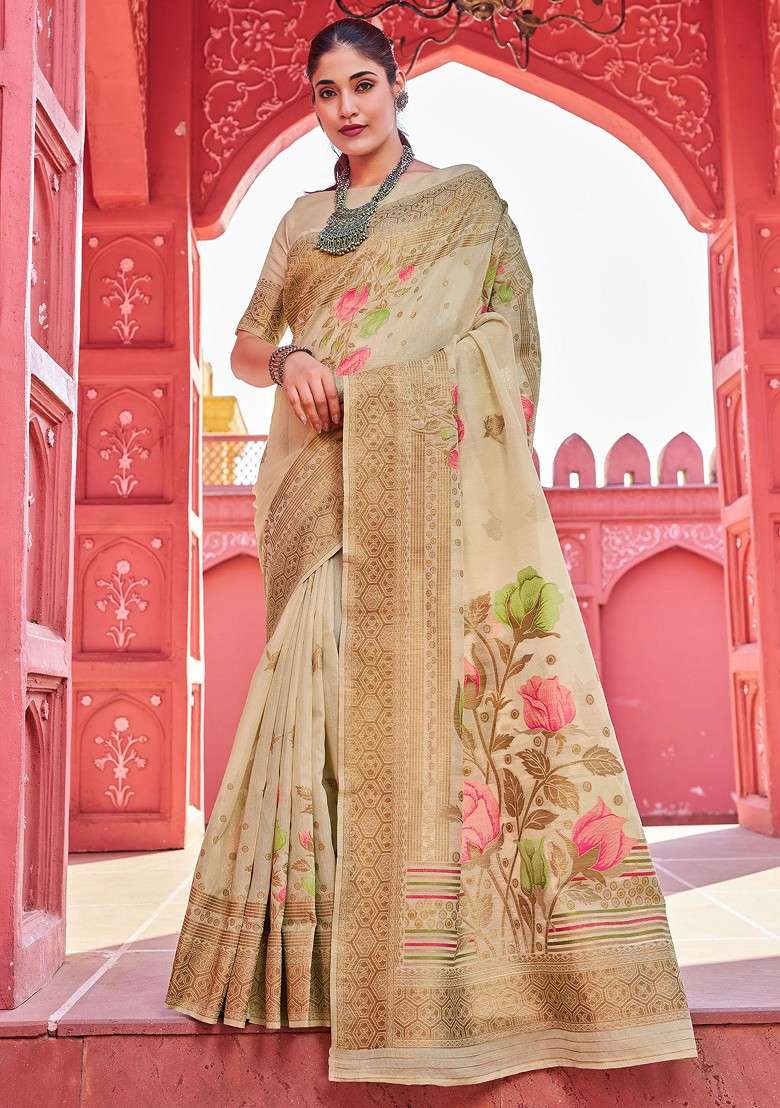 Cream Zari Woven Work Banarasi Blend Cotton Saree Set for Diwali | Wedding & Festive Wear - Indya
