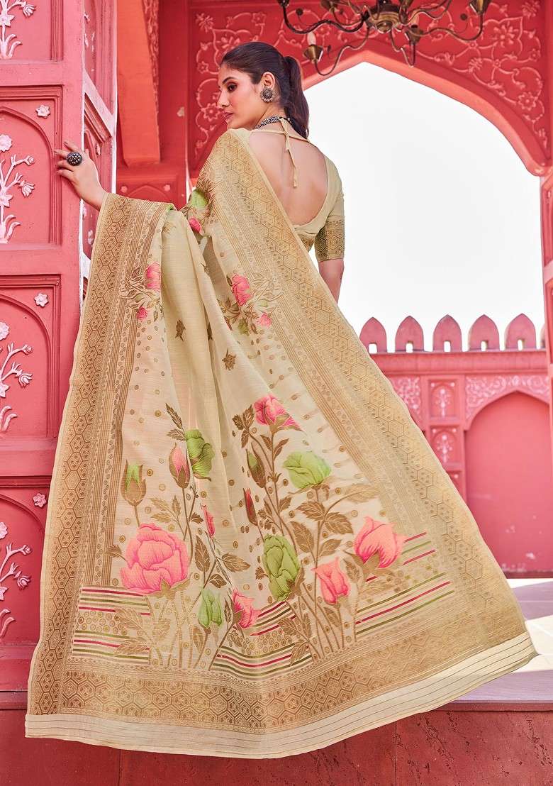 Cream Zari Woven Work Banarasi Blend Cotton Saree Set for Diwali | Wedding & Festive Wear - Indya