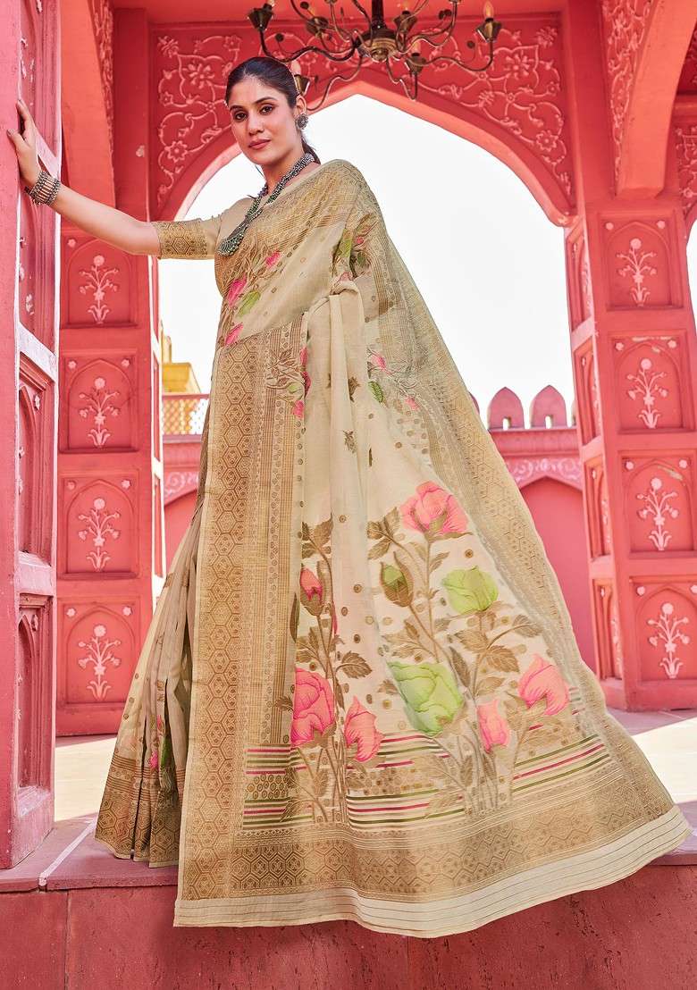 Cream Zari Woven Work Banarasi Blend Cotton Saree Set for Diwali | Wedding & Festive Wear - Indya