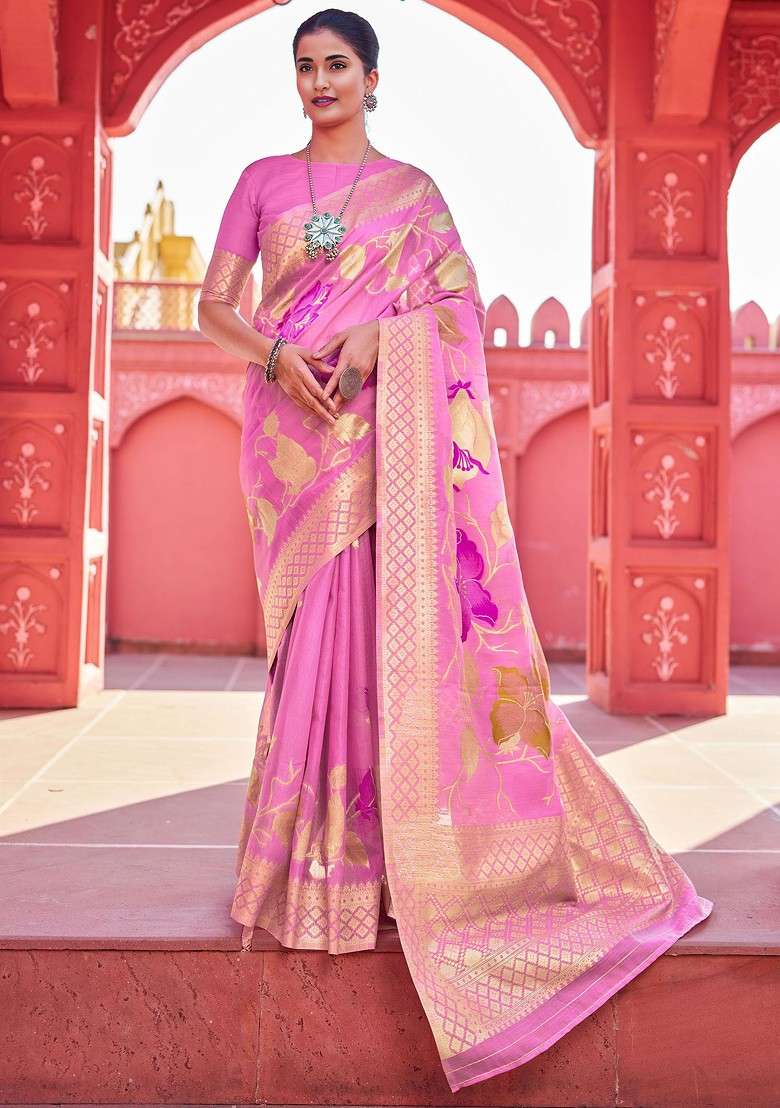 Pink Zari Woven Work Banarasi Cotton Blend Saree Set for Diwali and Festive Wear - Indya